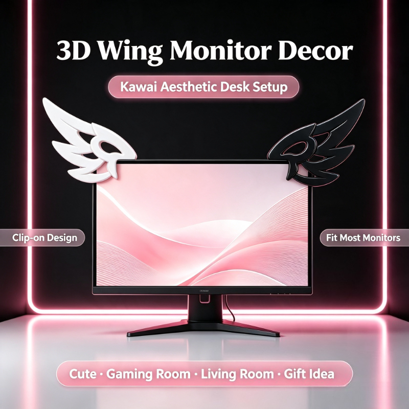 Desk Setup Aesthetic - Kawaii 3D-vleugeldecoratie voor computermonitor, esthetisch E-sports