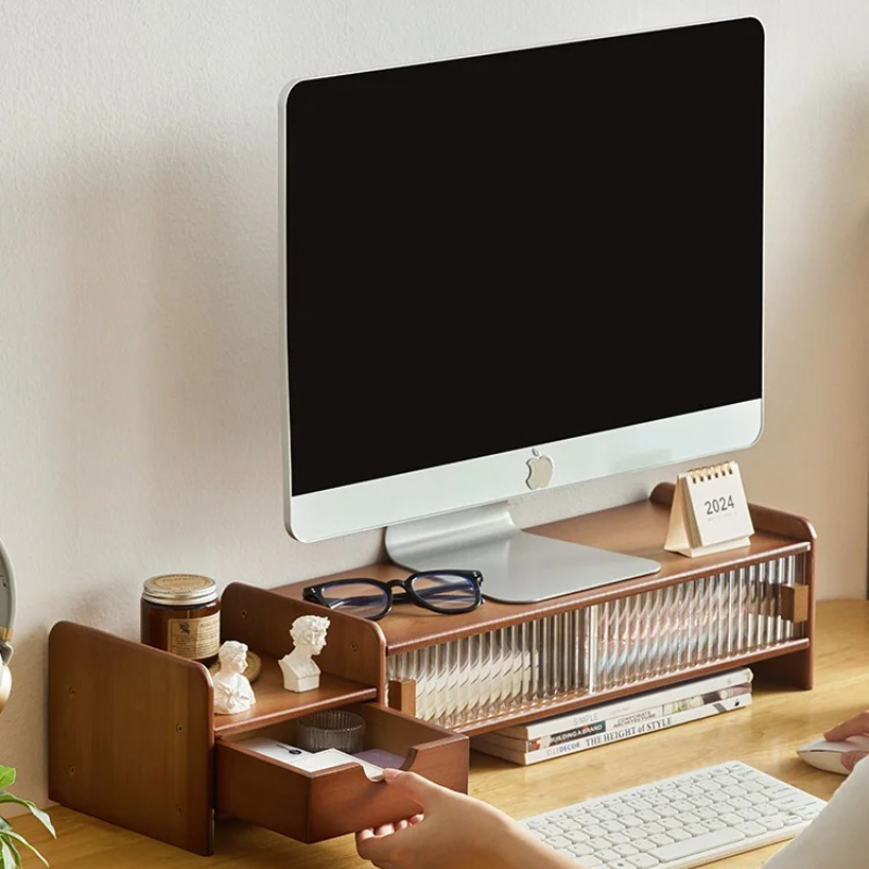 Monitor Riser Wood - ‌ Monitorstandaard met lade-verstelbare computerbureauverhoger Ruimtebesparende