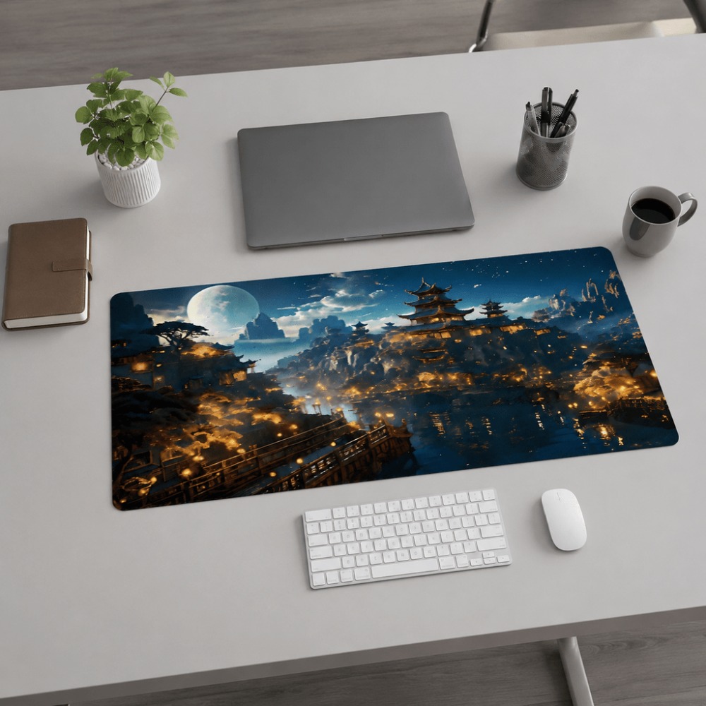 Work Desk Home Setup - Originele fantasieachtige nachtstad-maanprint langwerpige tafelmat. Geschikt